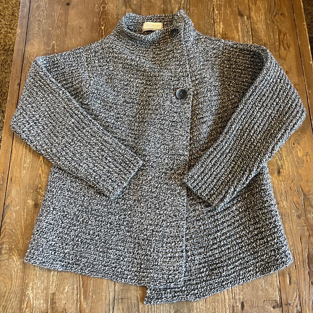 Fisherman Out of Ireland Wool Cashmere Cardigan Sweater Womens L Marled Navy